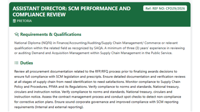 DFFE Assistant Director: SCM Performance and Compliance Review Vacancy – Pretoria