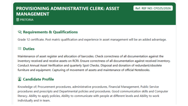 DFFE Provisioning Administrative Clerk: Asset Management Vacancy 2026